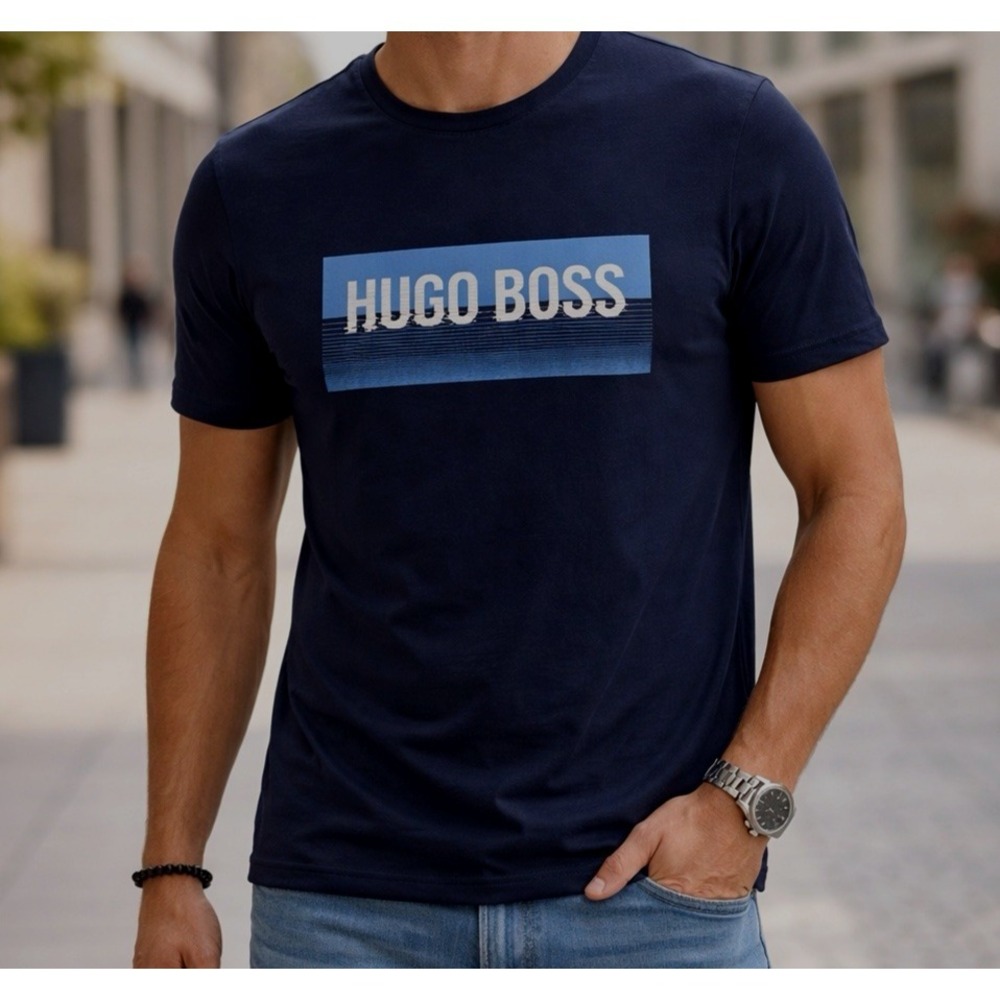 Hugo Boss Vtg. Tshirt Men M Dark Blue Short Sleeve Crew Neck Logo Casual Outdoor